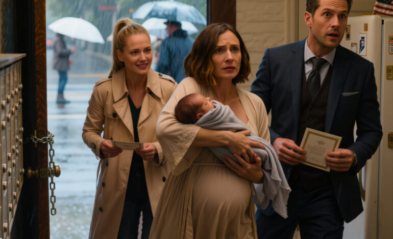 Six months after our divorce, my ex-husband showed up at my door with his fiancée and their wedding invitation. But the moment he saw the newborn in my arms, his face went pale and he rushed past her in panic…