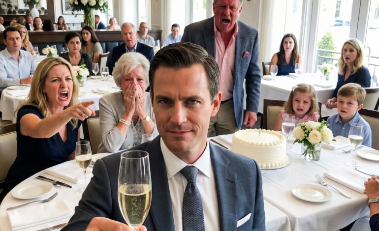 De ga barna mine plass bakerst i farens bursdag – etter at jeg hadde fløyet alle inn og betalt for hotellet. Søsteren hennes smilte lurt: «Barna deres hører ikke hjemme her.» Moren hennes nikket. Jeg hevet glasset og sa: «20 sekunder.» Klokken fem dekket broren hennes for munnen. Klokken ti reiste faren seg. Klokken tjue hvisket moren hennes: «Er det sant?»