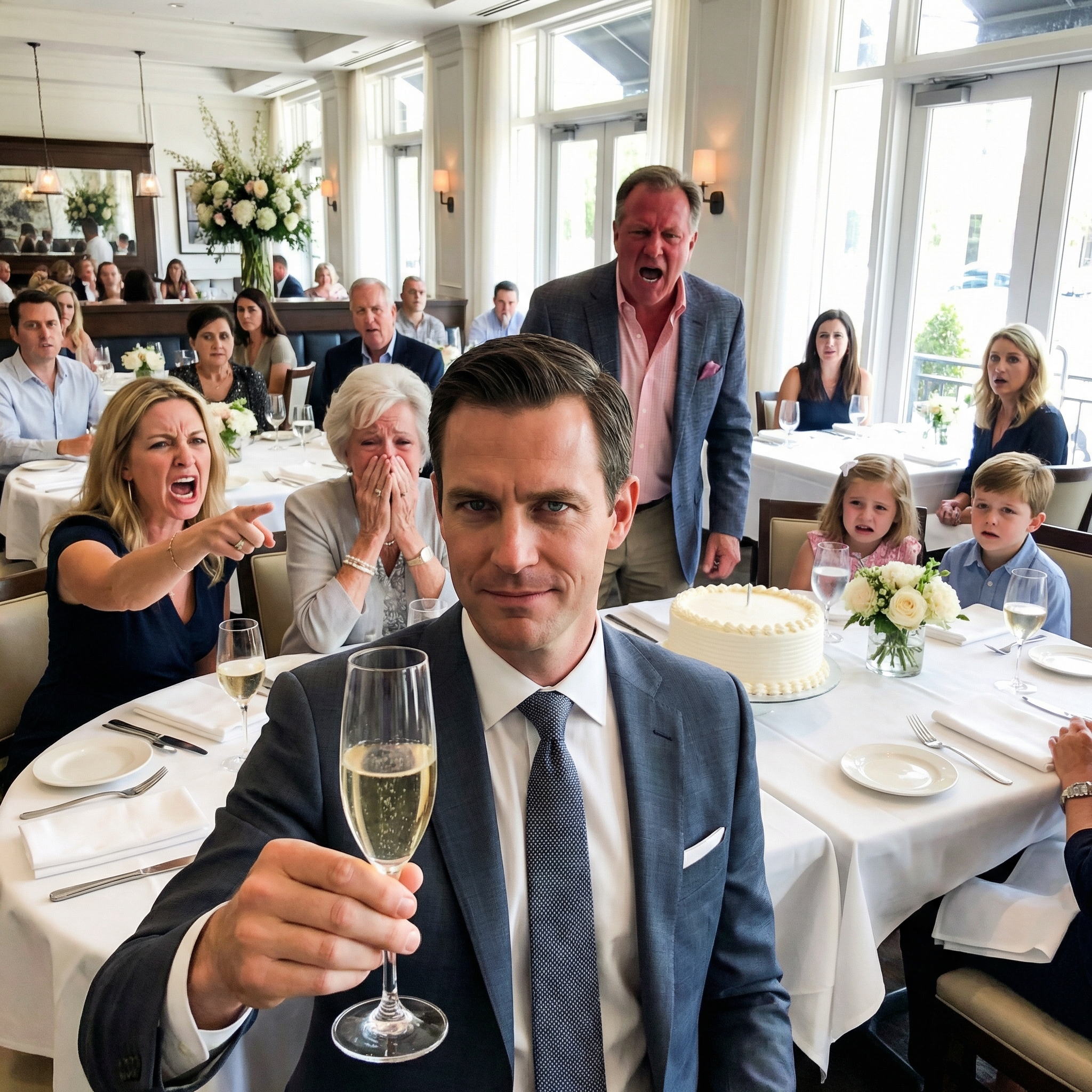 De ga barna mine plass bakerst i farens bursdag – etter at jeg hadde fløyet alle inn og betalt for hotellet. Søsteren hennes smilte lurt: «Barna deres hører ikke hjemme her.» Moren hennes nikket. Jeg hevet glasset og sa: «20 sekunder.» Klokken fem dekket broren hennes for munnen. Klokken ti reiste faren seg. Klokken tjue hvisket moren hennes: «Er det sant?»