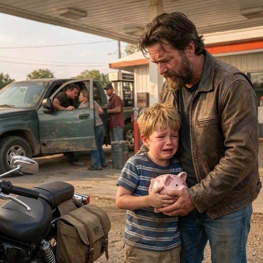 The Little Boy Tugged a Stranger’s Jacket at a Gas Station — “You Can Have All My Money… Just Make My Daddy Stop Hurting My Mommy,” He Whispered, But When the Biker Walked Toward the Truck, Everything About That Afternoon Began to Change