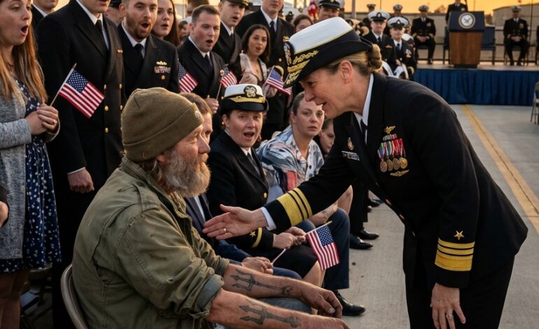 A homeless veteran arrived quietly to see his son graduate, but when a Navy admiral noticed the tattoo on his arm, everything stopped as the ceremony froze and an unbelievable revelation changed the moment completely for everyone there that day.