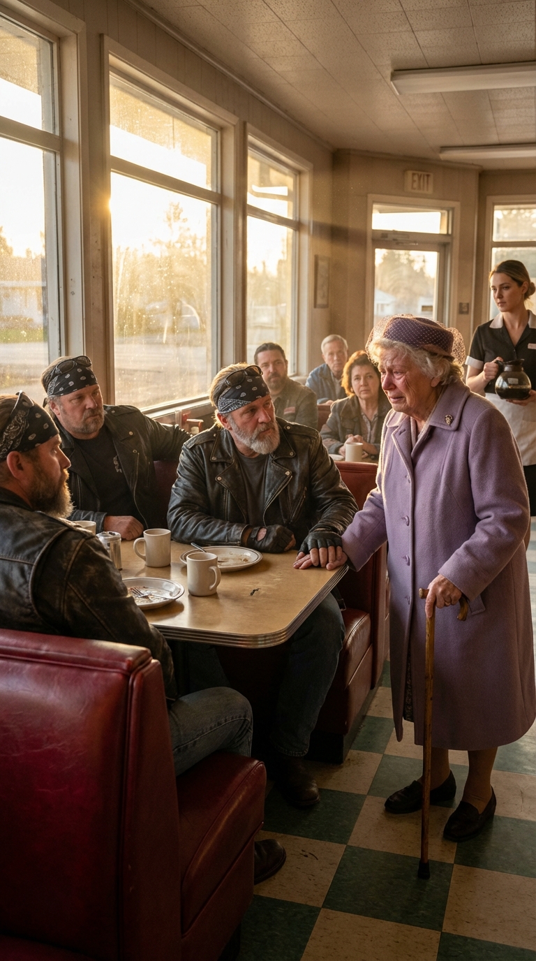 A mourning wife walked into a roadside diner to speak with a stranger biker, anxious about the nearly empty church, unaware that her single, heartfelt request would change everything before the service even started.