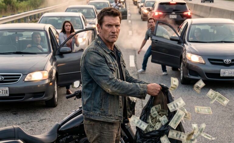 A biker suddenly scattered all his cash across the highway, shocking everyone nearby and drawing immediate attention. But what he did next stunned even the police officers, leaving them speechless and struggling to understand his unexpected actions.