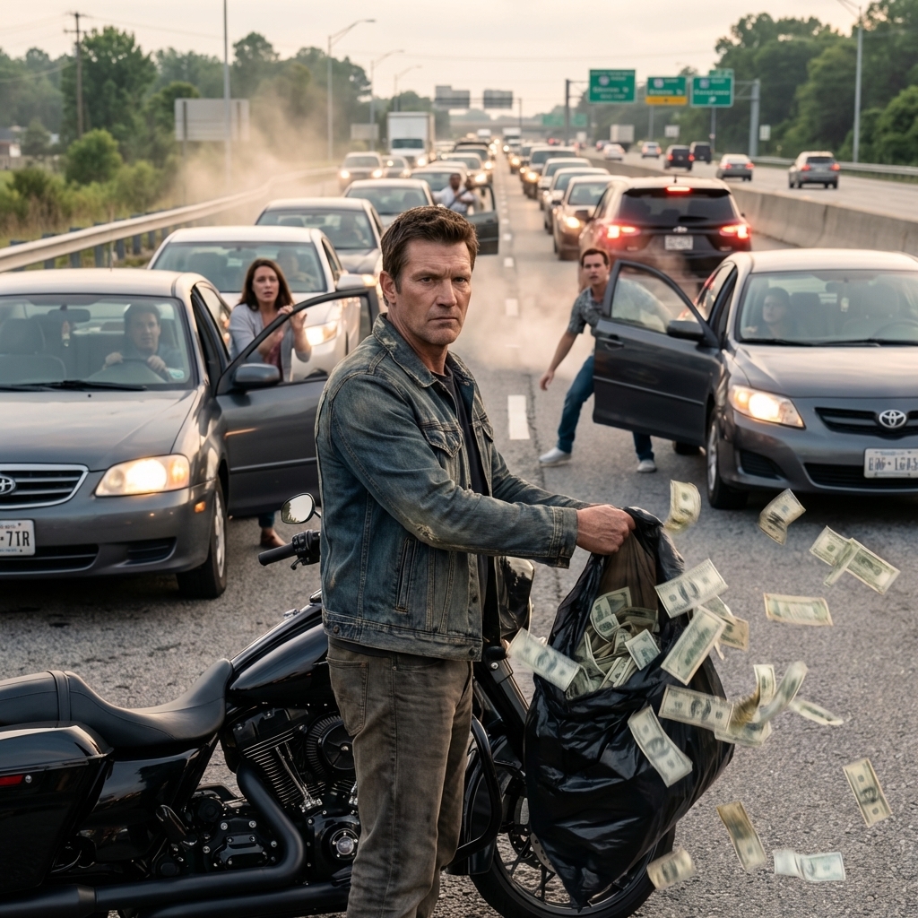 A biker suddenly scattered all his cash across the highway, shocking everyone nearby and drawing immediate attention. But what he did next stunned even the police officers, leaving them speechless and struggling to understand his unexpected actions.