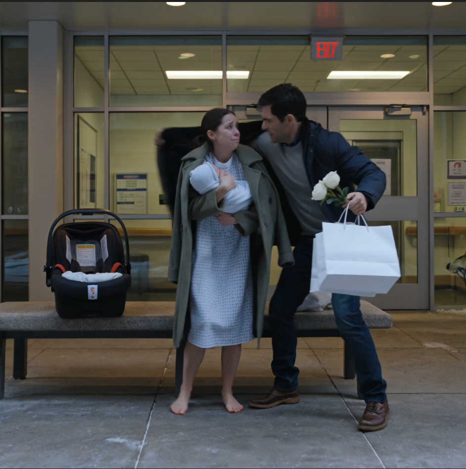 My uncle pulled up to the hospital with white roses, baby gifts, and a brand-new car seat for my son—then he found me barefoot in a hospital gown on an icy bench, holding my three-day-old baby after my husband dumped my life on the curb and texted me not to come home.