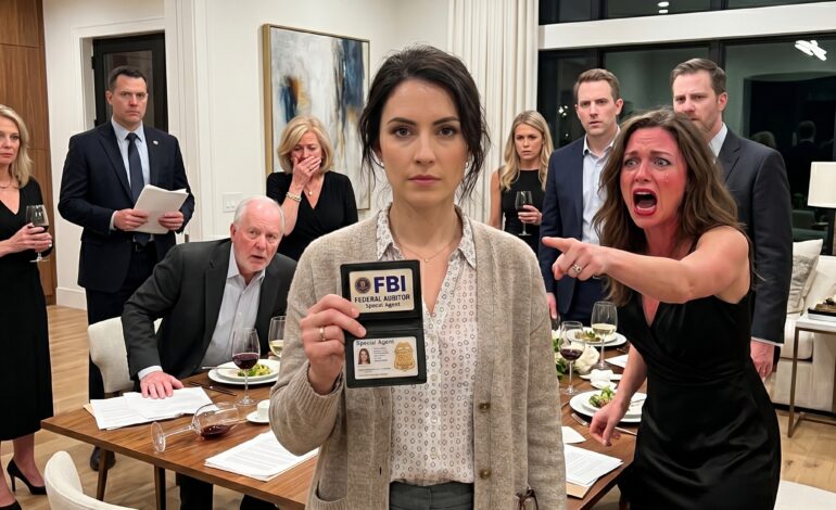 “Hun er bare en enkel regnskapsfører,” smilte svigerinnen min foran alle. Mannen ved døren smilte. “Enkelt? Hun er den føderale revisoren som etterforsker selskapet ditt i morgen.” Og når… Jeg tok frem merket mitt.