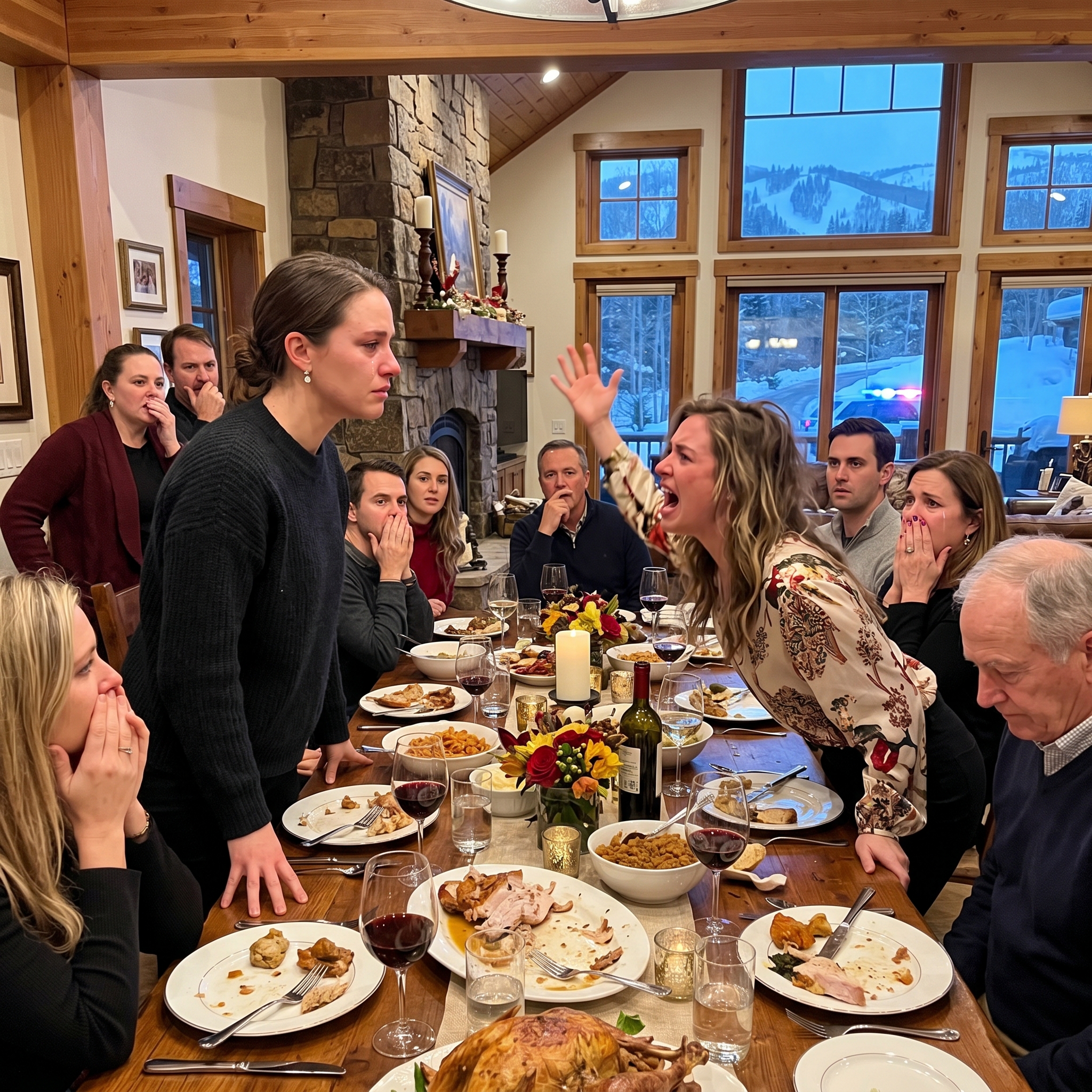 På Thanksgiving-middagen ropte søsteren min til meg: «Hvorfor ødelegger du estetikken på skihytta mi til 3,5 millioner dollar?» Jeg smilte og sa: «Du eier ikke dette huset. Du er bare en inntrenger.» I det øyeblikket slo lysene seg på— Så kom politiet.