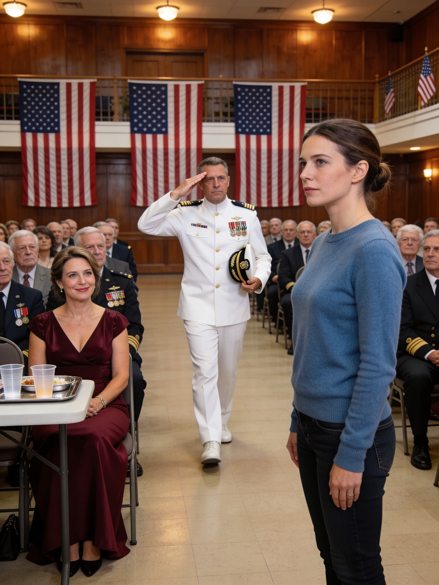 Jeg kom hjem og satt stille på bakerste rad under farens veteranseremoni mens stemoren min smilte lurt, “Hun har allerede forlatt marinen”—så kom en mann i hvite uniformer inn i den fulle salen, ignorerte scenen og begynte å gå rett mot meg