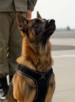 Basekommandøren var halvveis gjennom medaljeseremonien da min tidligere K9 snudde seg bort for å sette seg ved mine glemte støvler
