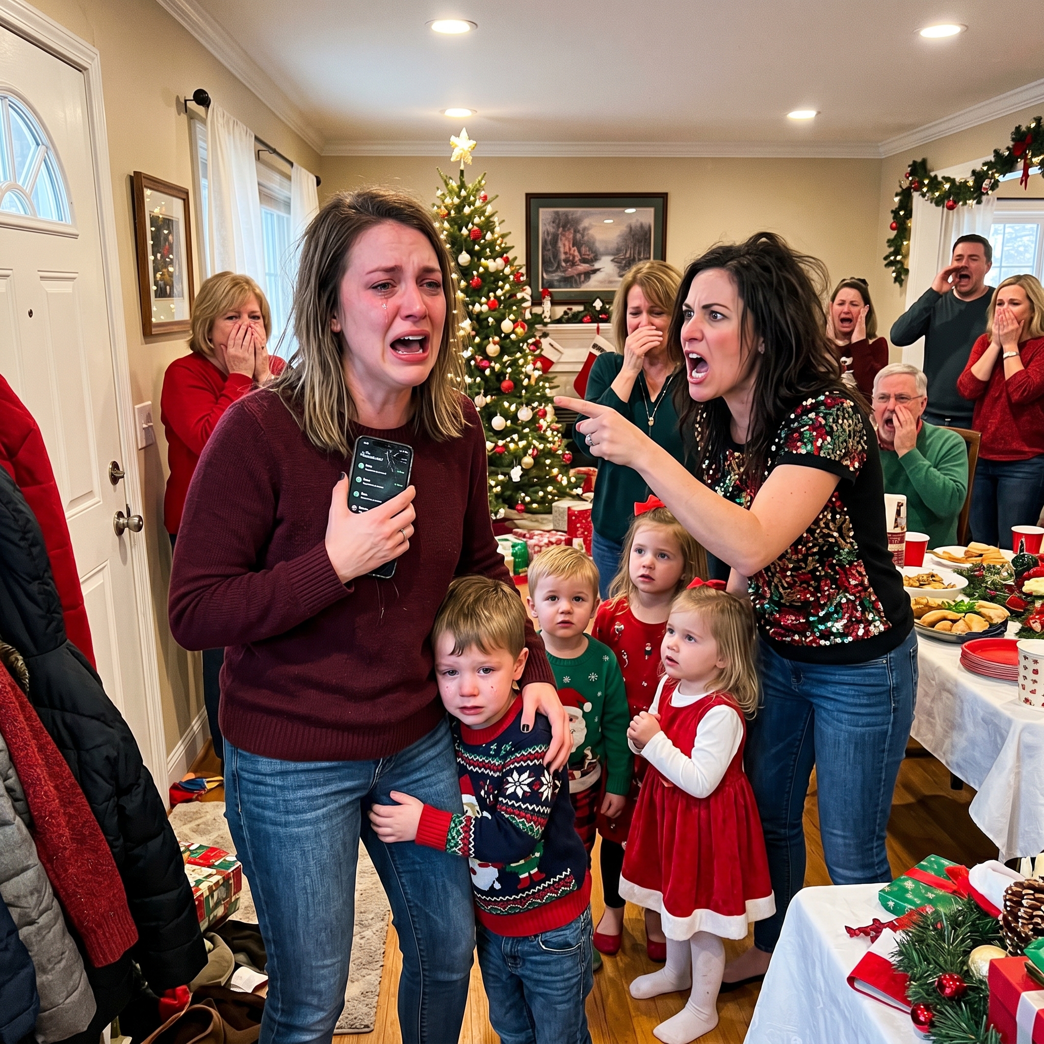 “Familien min ville ikke ha barn på julefesten—inkludert sønnen min. Men da jeg kom, var søsterens tre barn allerede der. ‘De fortjener å være her,’ sa de. Jeg sa ingenting og tok sønnen min med meg. Jeg sendte en melding: ‘Dere skal alle betale for dette.’ Telefonen min begynte å vibrere nonstop. 57 ubesvarte anrop.”