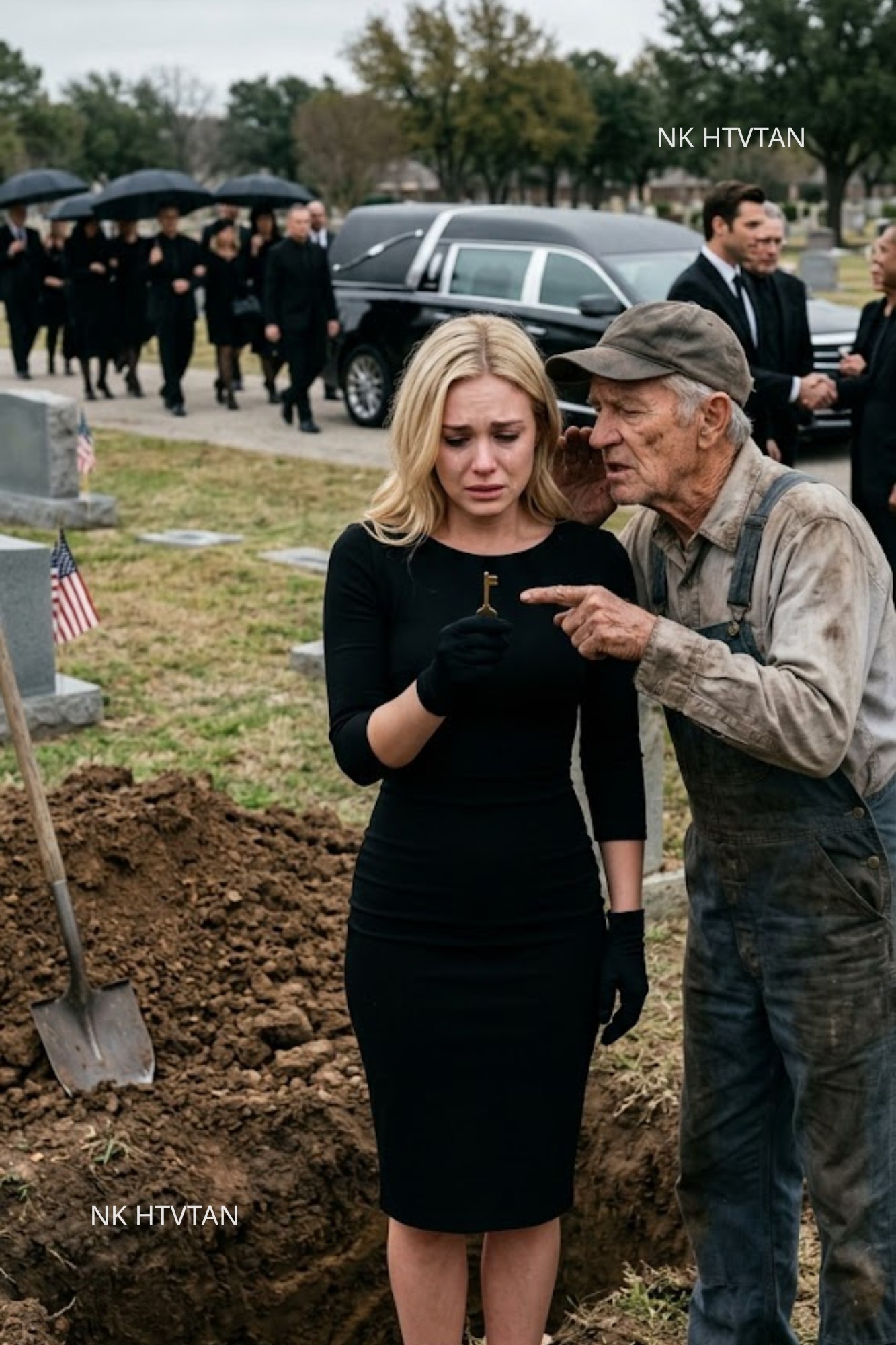 v-Ved min fars begravelse, mens mannen min beveget seg gjennom sørgende med den rolige, pålitelige stemmen alle stolte på, trakk gravgraveren meg til side, sjekket for å sikre seg…
